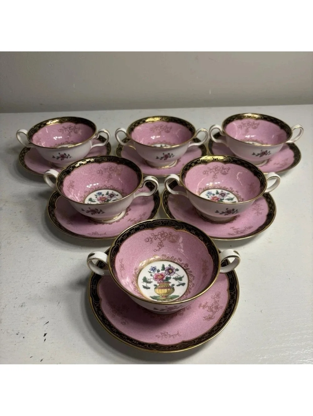 Copeland Spode Bone China Pink Gold Trim Cream Soup Bowl & Saucer set of 6